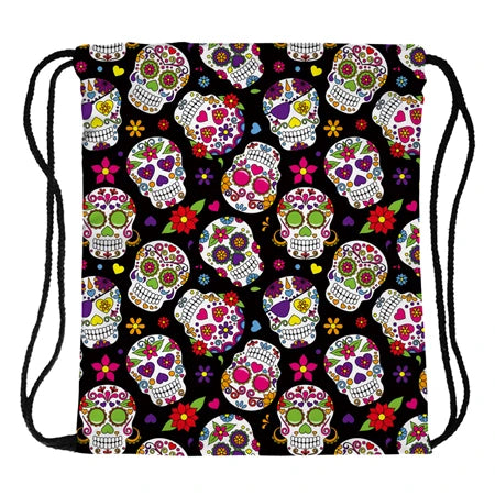 Skull Print Drawstring Bag Sports Waterproof Backpack Bundle Pocket
