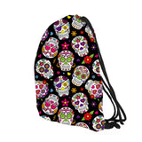Skull Print Drawstring Bag Sports Waterproof Backpack Bundle Pocket