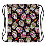 Skull Print Drawstring Bag Sports Waterproof Backpack Bundle Pocket