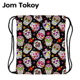 Skull Print Drawstring Bag Sports Waterproof Backpack Bundle Pocket