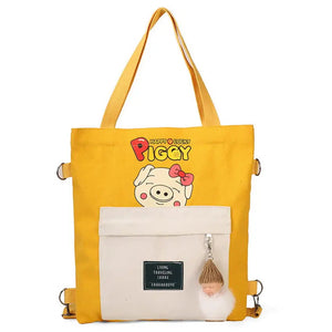 Lovely Piggy Canvas Backpack for Girls - 4 in 1 - Animal Print Crossbody Bag