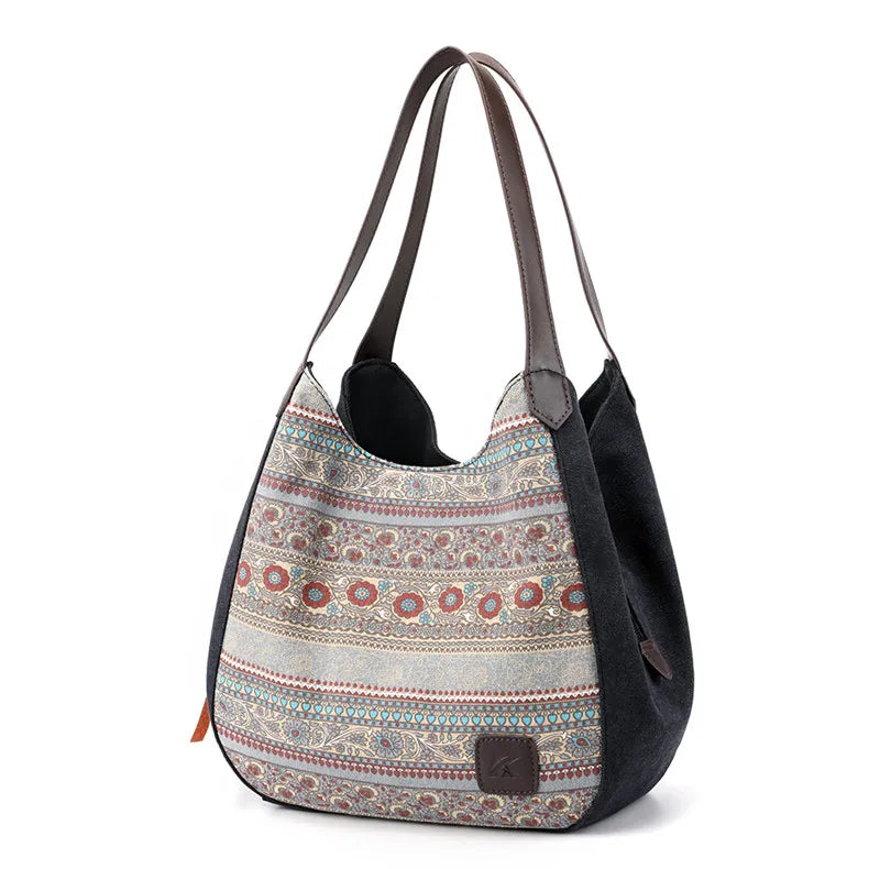 Striped Canvas Shoulder Bag Multi-layer Pockets Ladies Tote Hobos Bolsos