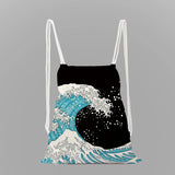 Kanagawa Surf Print School Backpack Girls Drawstring Bag