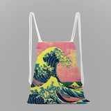 Kanagawa Surf Print School Backpack Girls Drawstring Bag