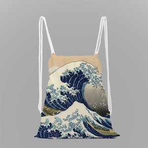 Kanagawa Surf Print School Backpack Girls Drawstring Bag