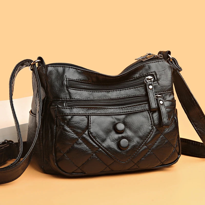 Solid PU Leather Crossbody Bag Vintage Thread Purses Shoulder Bag