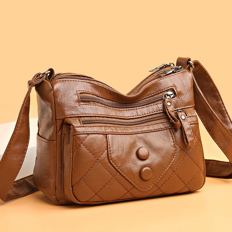 Solid PU Leather Crossbody Bag Vintage Thread Purses Shoulder Bag