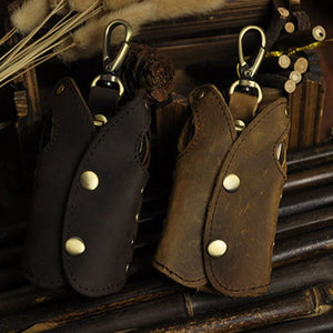 Men Car Remote Key Case Holder Chain Genuine Leather
