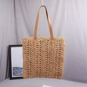 Khaki Straw Shoulder Beach Bag with Liner Bohemian Rattan Handbag