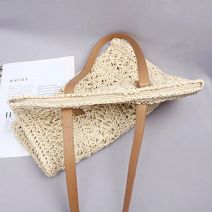 Khaki Straw Shoulder Beach Bag with Liner Bohemian Rattan Handbag