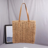 Khaki Straw Shoulder Beach Bag with Liner Bohemian Rattan Handbag