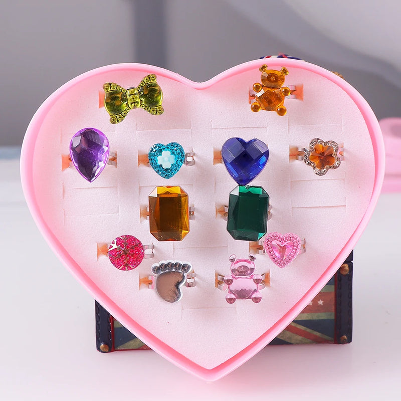 Kids Adjustable Cartoon Girl Rings with Heart Shaped Showcase