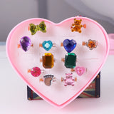 Kids Adjustable Cartoon Girl Rings with Heart Shaped Showcase