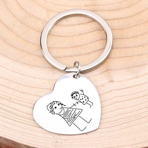 Engraved Kids Drawing Keychain for Mom Heart Shape Baby Artwork