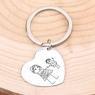 Engraved Kids Drawing Keychain for Mom Heart Shape Baby Artwork