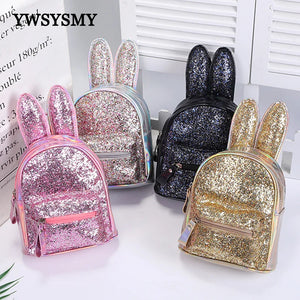 Girls Rabbit Ear Backpack Sequin Leather School Bag