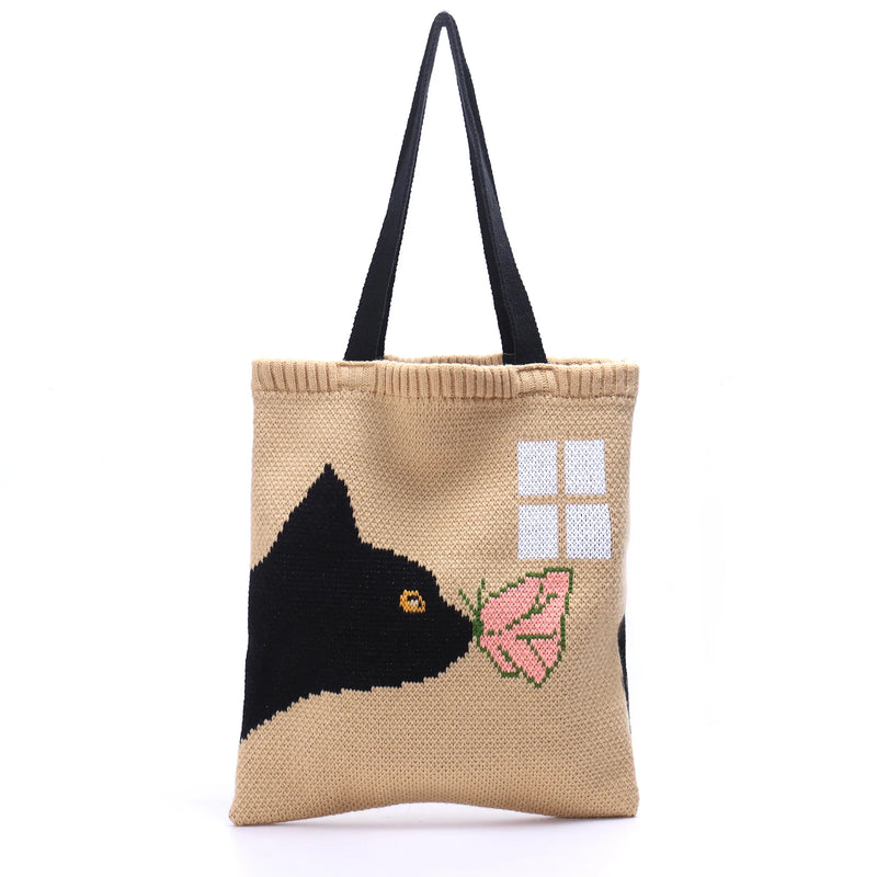 Knitted Bag Butterfly Cat Pattern Handbag Casual Totes Small Fresh Girls Bag