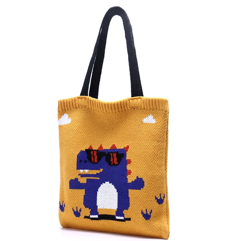 Knitted Bag Dinosaur Pattern Casual Totes Handbag Small Fresh Girls Bag