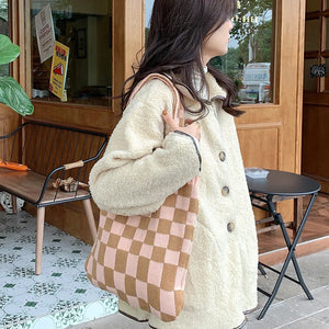 Checkerboard Bag Canvas Tote Shoulder Handbags Casual Travel Shopping
