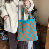 Checkerboard Bag Canvas Tote Shoulder Handbags Casual Travel Shopping
