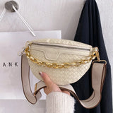 Knitted PU Leather Waist Bags for Women Weaving Fanny Pack Thick Chain Female Wa