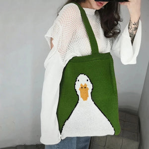 Duck Cartoon Knitting Shoulder Bag for Women Casual Tote