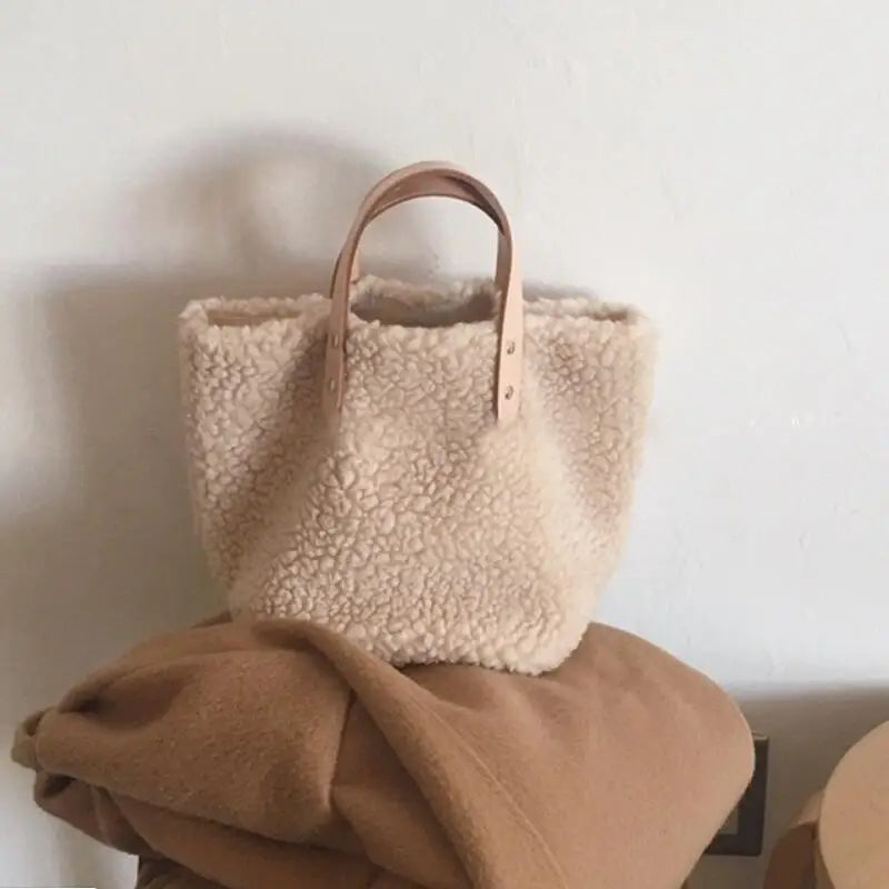 Korea Style Women Handbag Large Capacity Soft Wool Plush Totes Shopping Bag