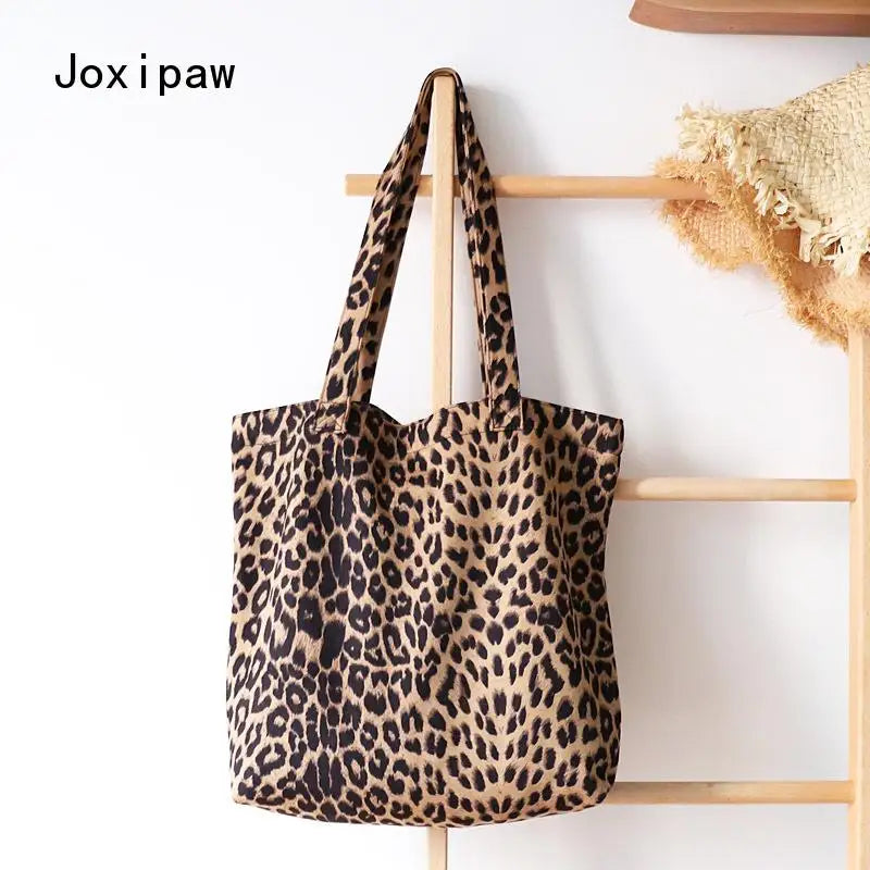 Leopard Print Canvas Shoulder Bag Vintage Tote Handbag for Women