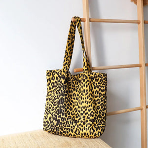 Leopard Print Canvas Shoulder Bag Vintage Tote Handbag for Women