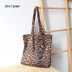 Leopard Print Canvas Shoulder Bag Vintage Tote Handbag for Women
