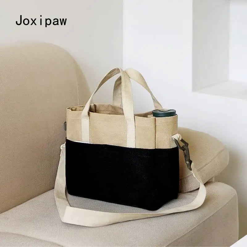 Canvas Shoulder Bag for Women Solid Patchwork Tote Handbag
