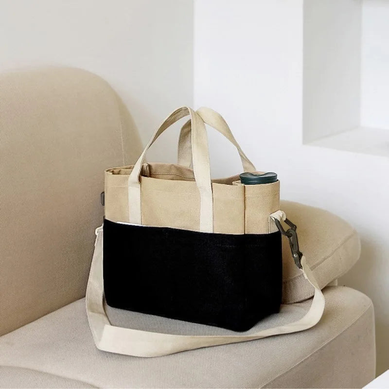 Canvas Shoulder Bag for Women Solid Patchwork Tote Handbag