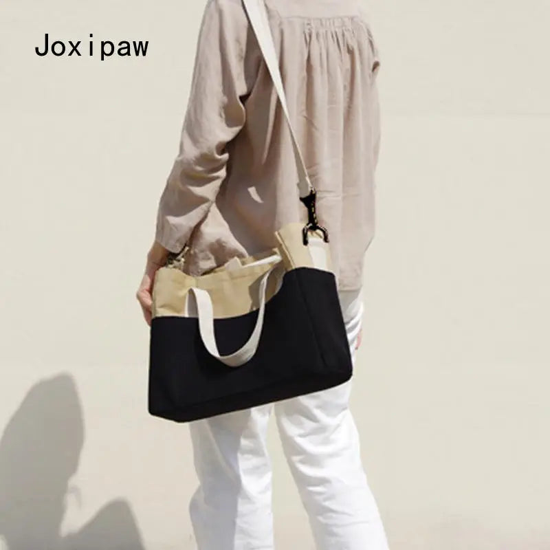 Canvas Shoulder Bag for Women Solid Patchwork Tote Handbag