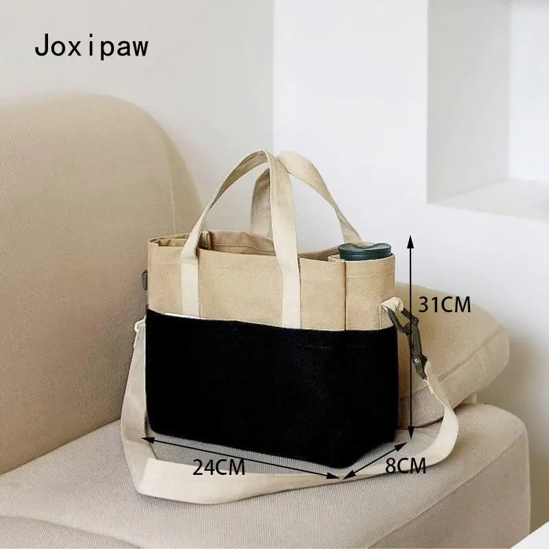 Canvas Shoulder Bag for Women Solid Patchwork Tote Handbag