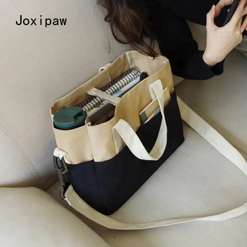 Canvas Shoulder Bag for Women Solid Patchwork Tote Handbag