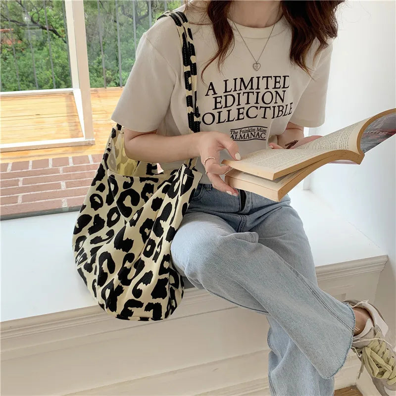 Leopard Print Casual Tote Bag Canvas Shoulder Shopping Bag