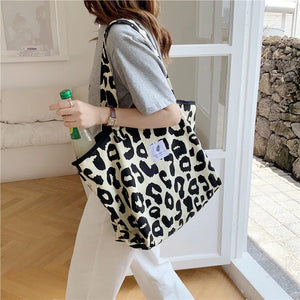 Leopard Print Canvas Tote Bag Women's Casual Shoulder Bag