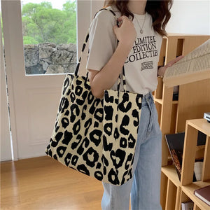 Leopard Print Casual Tote Bag Canvas Shoulder Shopping Bag