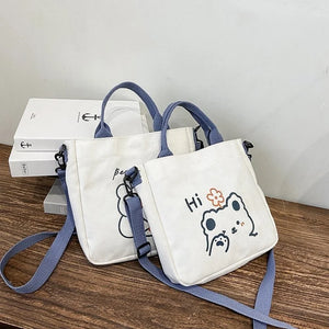 Bear Canvas Shoulder Bag Female Tote Handbag High Capacity Student Diagonal Pack