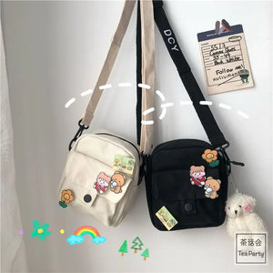 Youth Girls Canvas Crossbody Bag Harajuku Cartoon Shoulder Bag