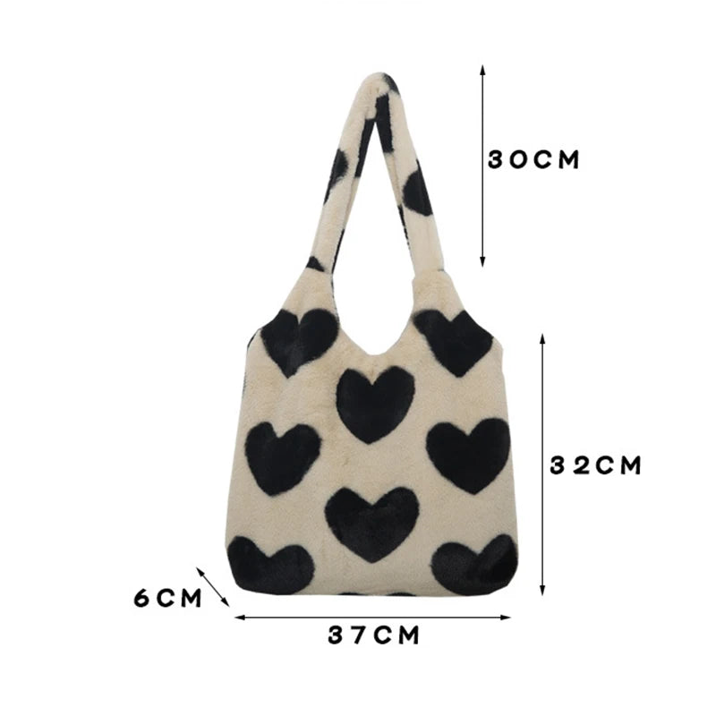 Heart Shoulder Bag Large Capacity Winter Warm Fluffy Totes Vintage Haraju