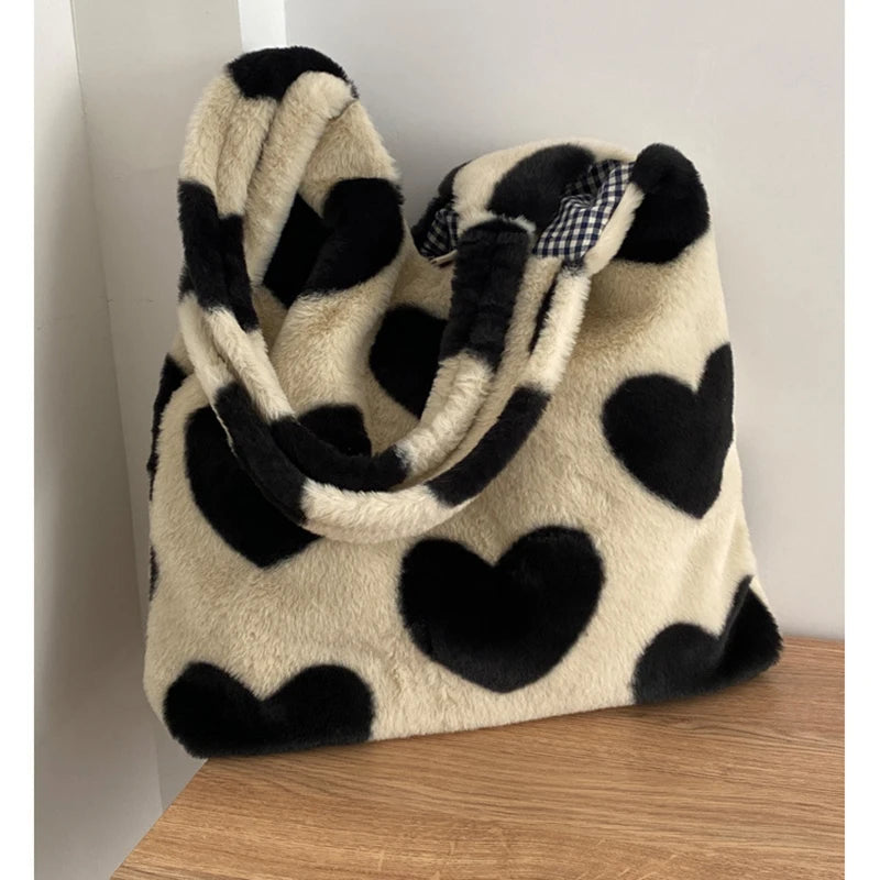 Heart Shoulder Bag Large Capacity Winter Warm Fluffy Totes Vintage Haraju
