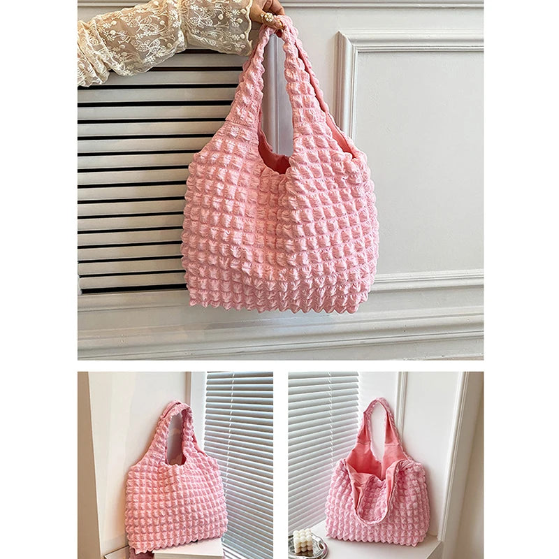 Cloud Bubble Flower Shoulder Bag For Girls Soft Plaid Shopping Bags