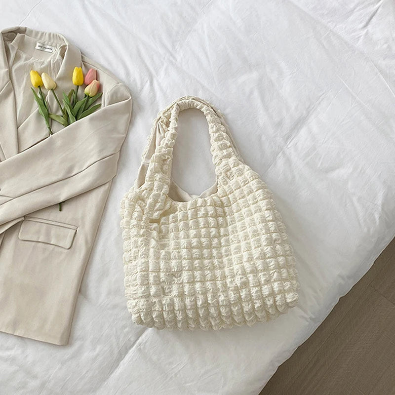 Cloud Bubble Flower Shoulder Bag For Girls Soft Plaid Shopping Bags
