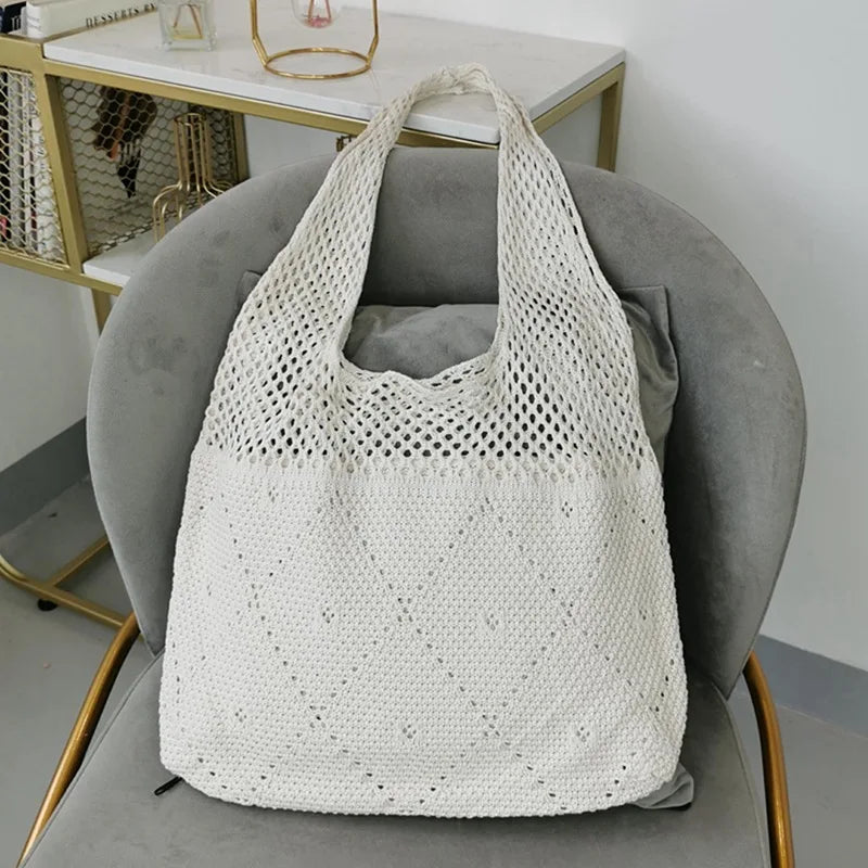 Knitted Retro Crochet Handbag Yellow Top-handle Tote Bag