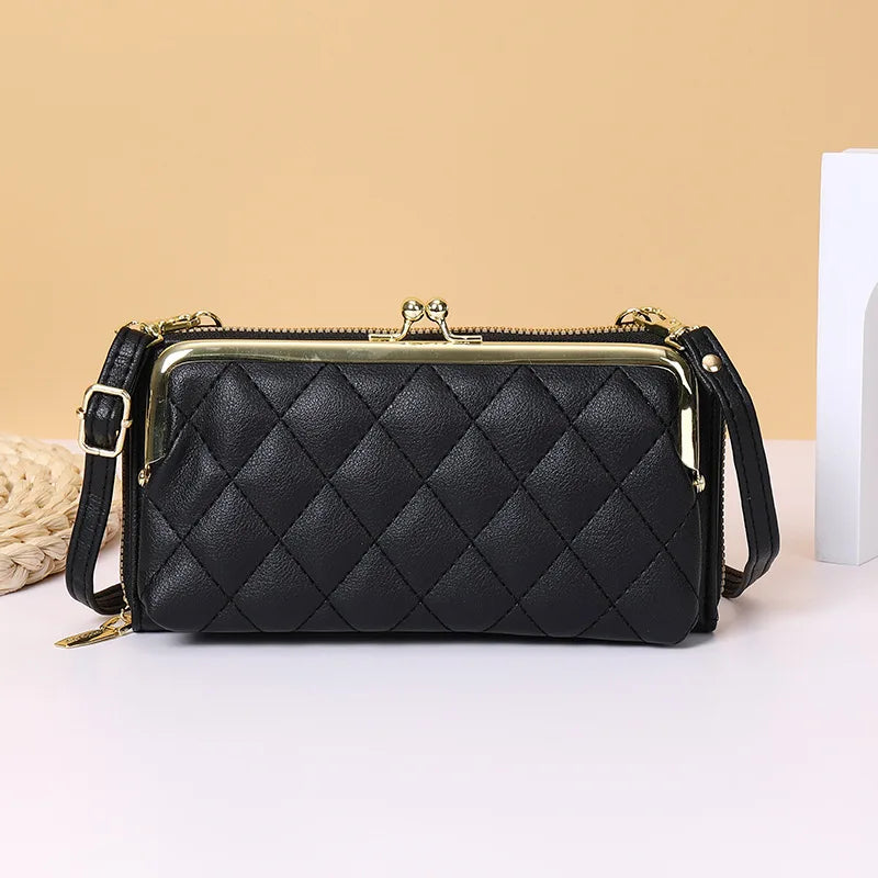 Plaid Leather Women's Wallet with Strap Zipper Clutch Bag