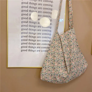 Floral Large Crossbody Bag for Women Eco Reusable Cotton Grocery Shoulder Bag