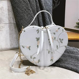 Heart Shaped Retro Handbag Flowers Shoulder Bag Embroidered PU Leather