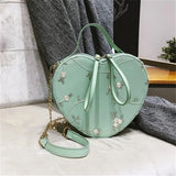 Heart Shaped Retro Handbag Flowers Shoulder Bag Embroidered PU Leather