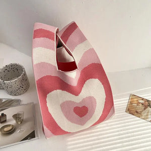 Ins Knitted Handbag Heart Love Women's Tote Bag Shoulder Bag Wrist Bag